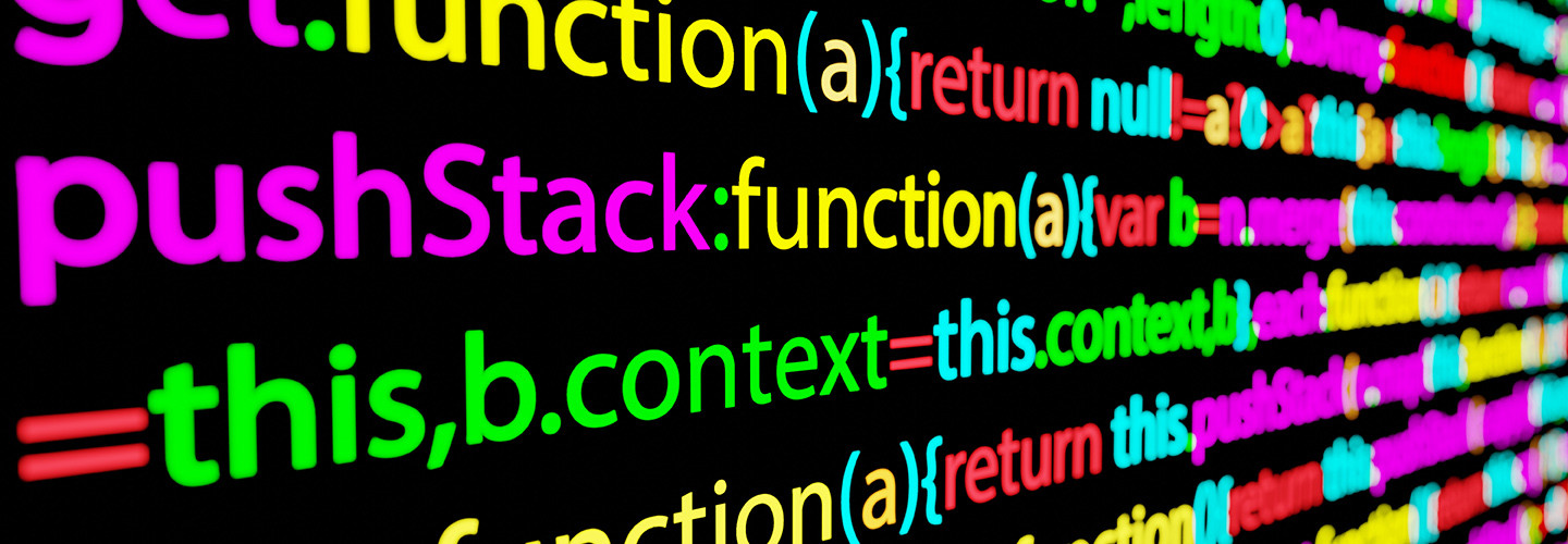 Colorful screen of programming editor in dark mode.