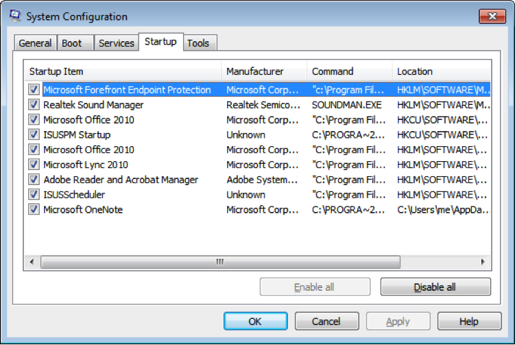 The Startup tab of the System Configuration tool