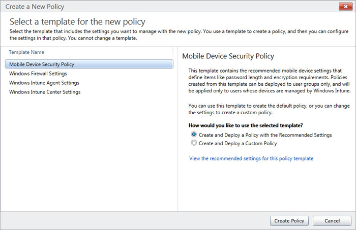 Select template for new policy windows intune