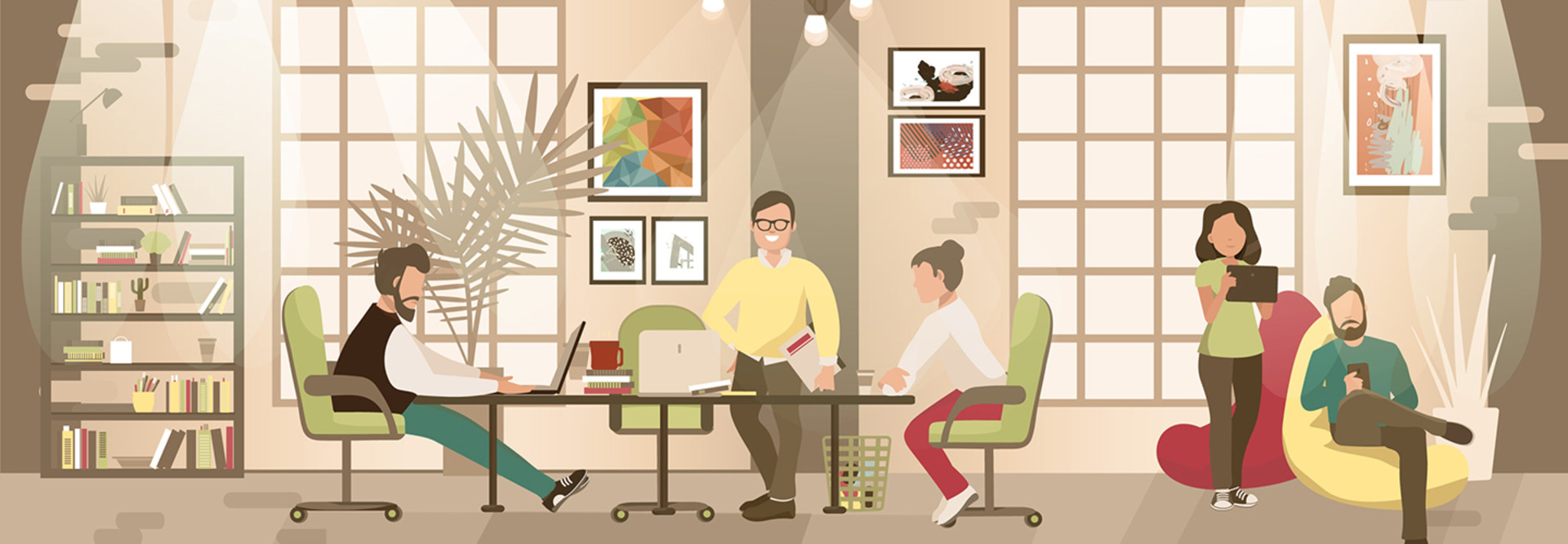 Cartoon illustration of a modern, hip coworking space 