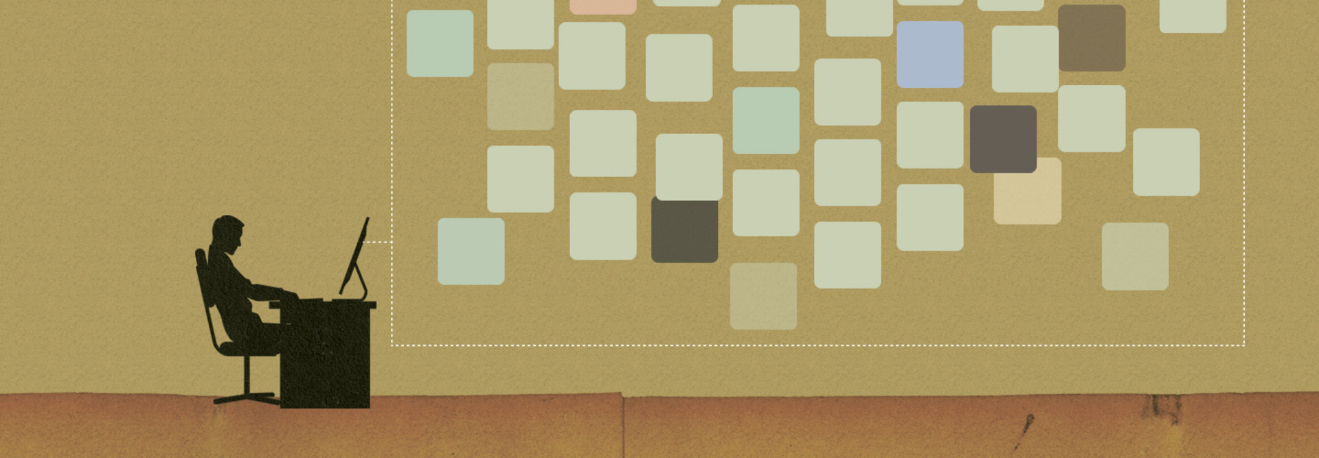 Illustration of a man working at his desk with software bubbling int he background