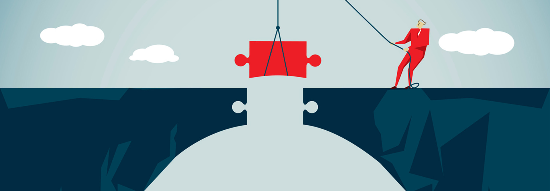 Illustration of a man putting in a puzzle piece to fill a space in a chasm and allow others to cross