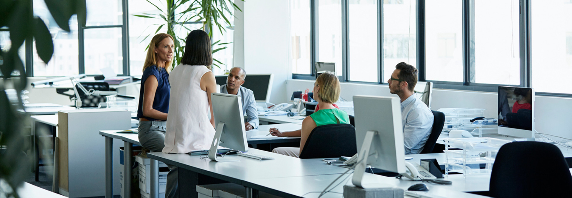 Nonprofit technology professionals having a discussion in an office 