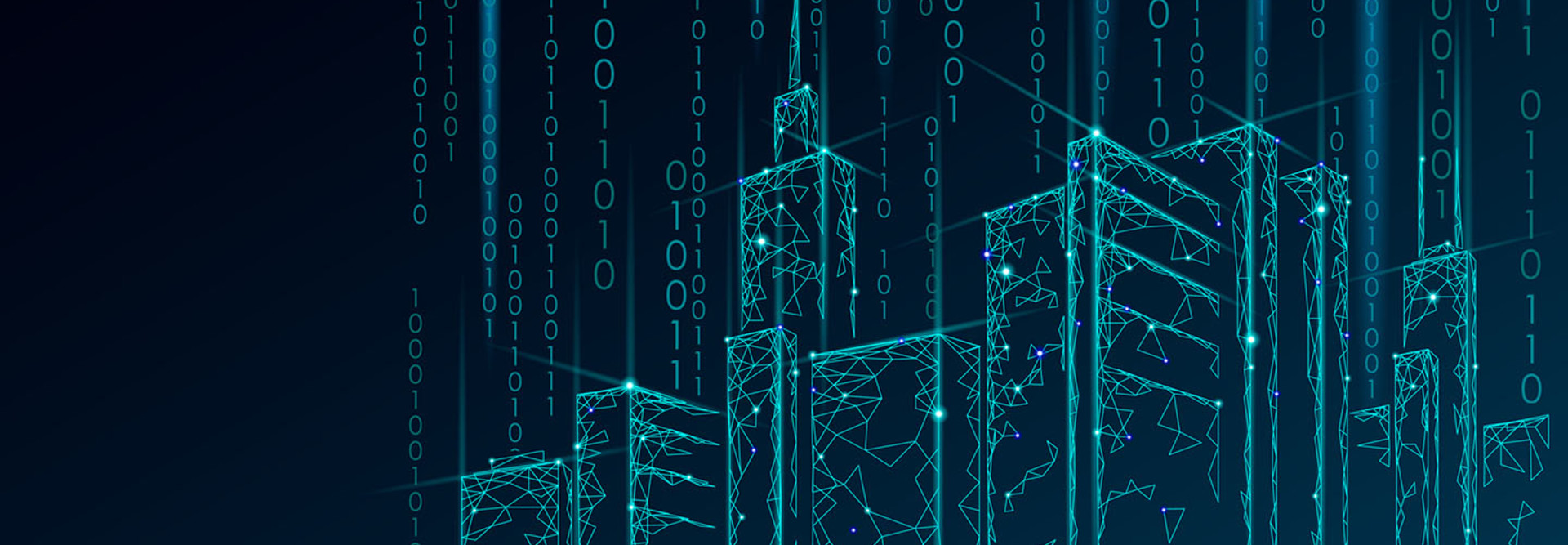 Binary code number data flow. Architecture urban cityscape technology 