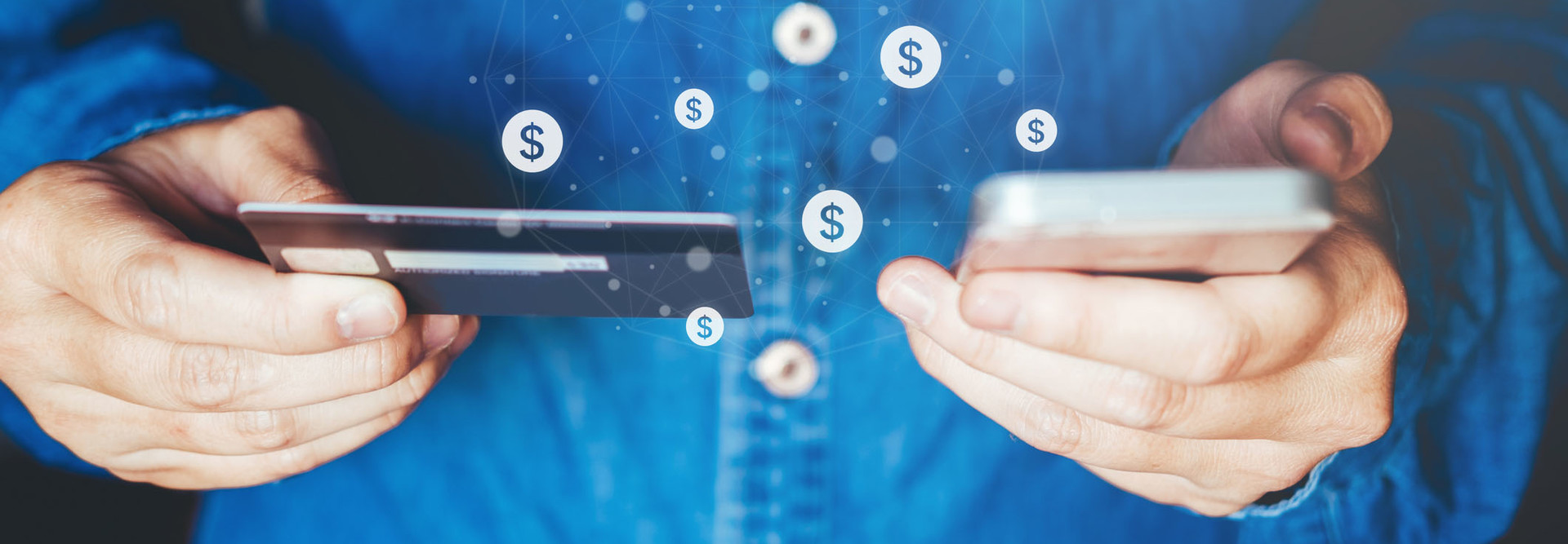 Online banking businessman using smartphone with credit card Fintech and Blockchain concept