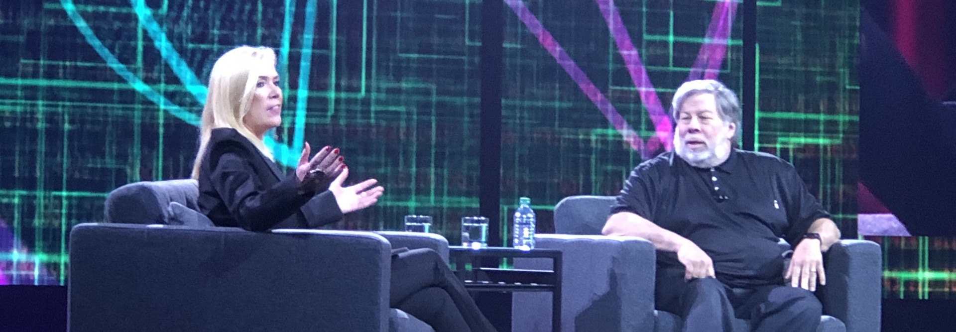 Splunk President of Worldwide Field Operations Susan St. Ledger talks with Steve Wozniak during Thursday's keynote session at Splunk .conf18.