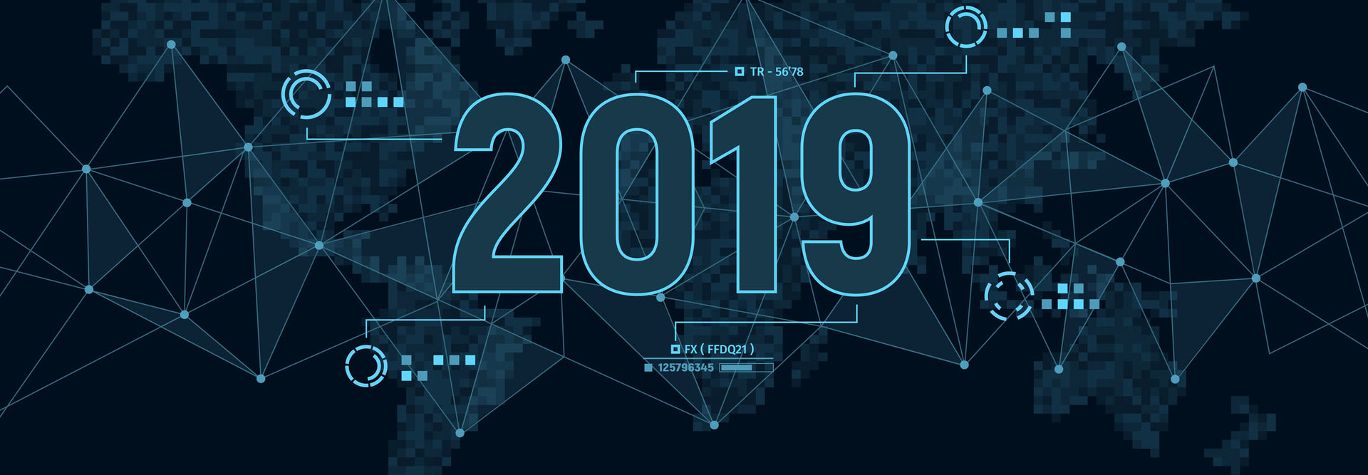 Modern futuristic template for 2019 on background with polygons connection structure and world map in pixels. Digital data visualization. Business technology concept.