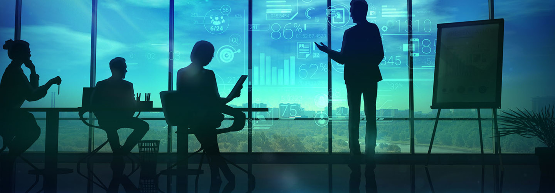 The illustration shows the silhouettes of the speaker holding the corporate presentation and listeners.