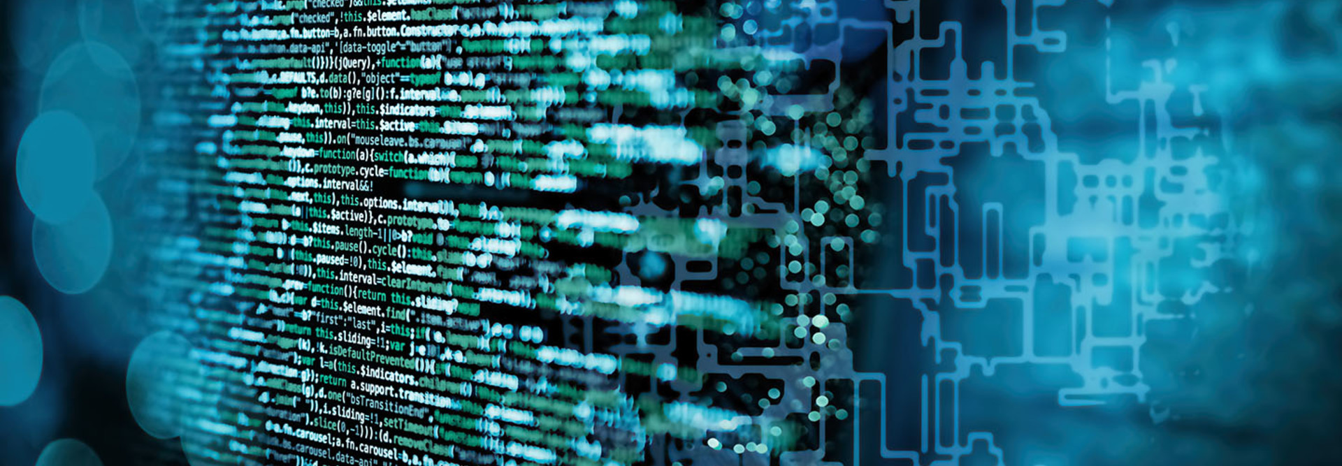 Programming code with abstract technical background in blue
