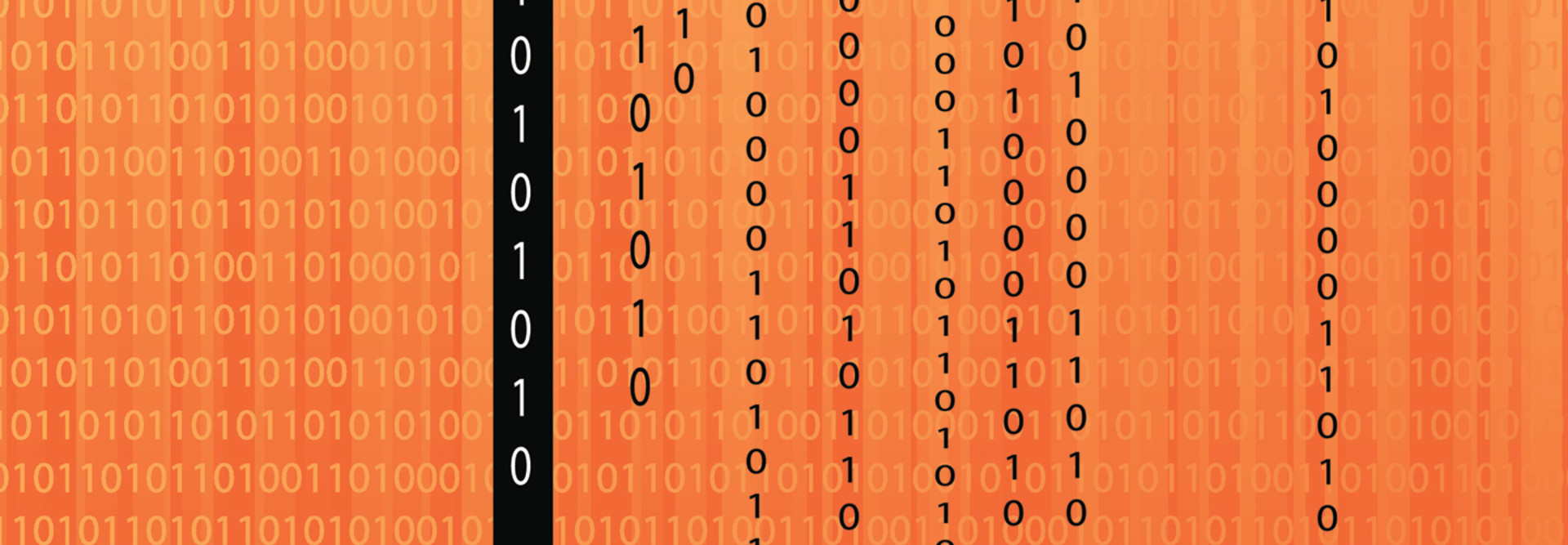Streams of 1s and 0s on an orange background