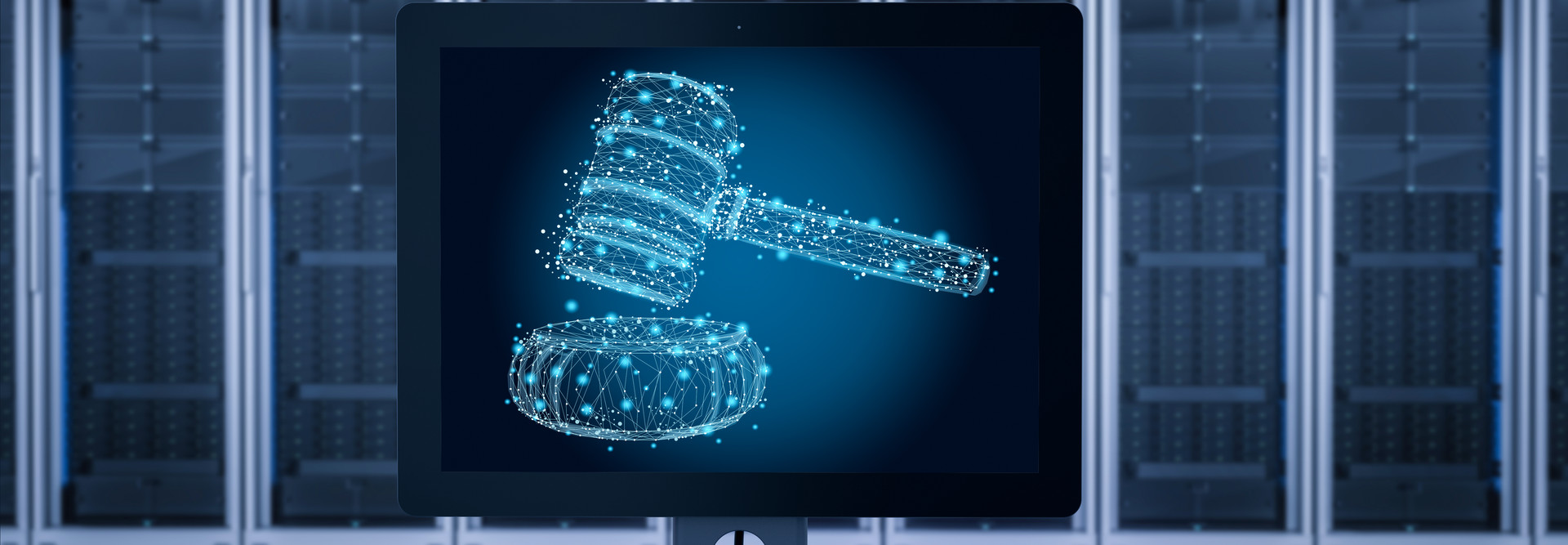 outline of gavel on computer screen with hard drives in the background