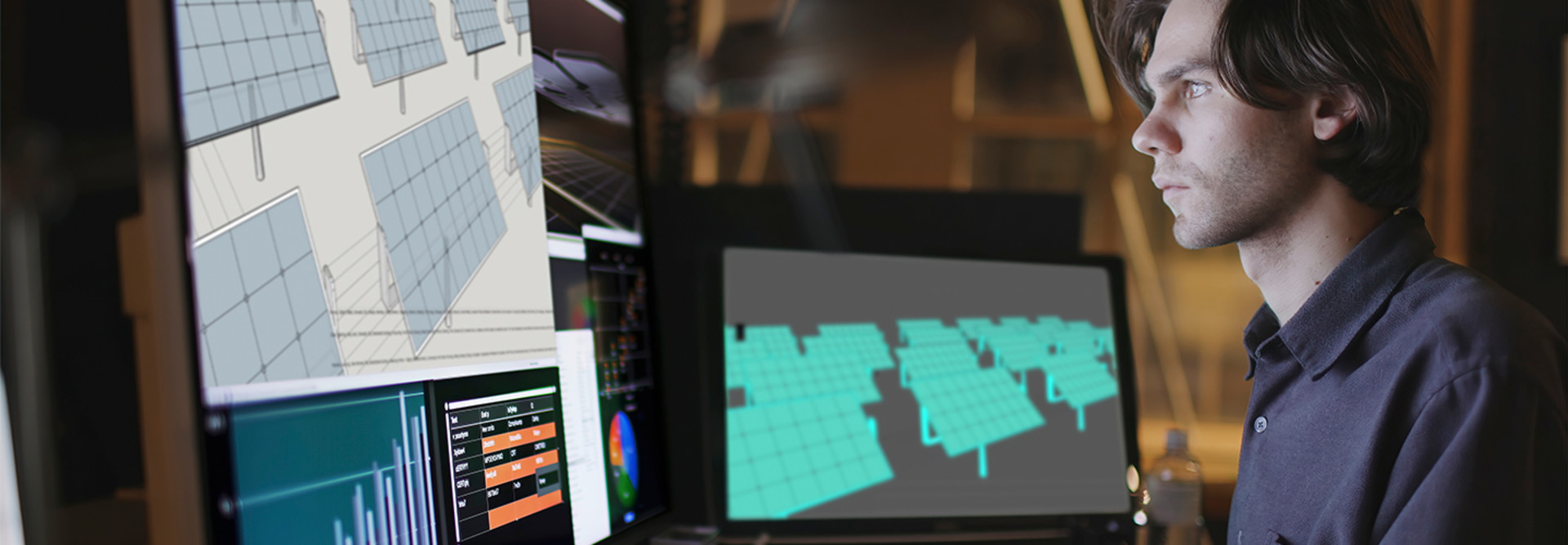 Man with multiple monitors charts