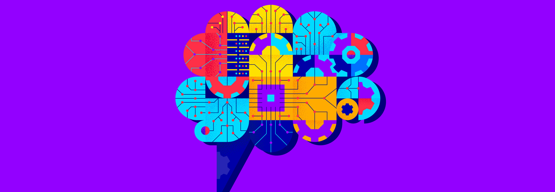 Geometric artificial brain with chip, gears and circuit board. Artificial intelligence concept.
