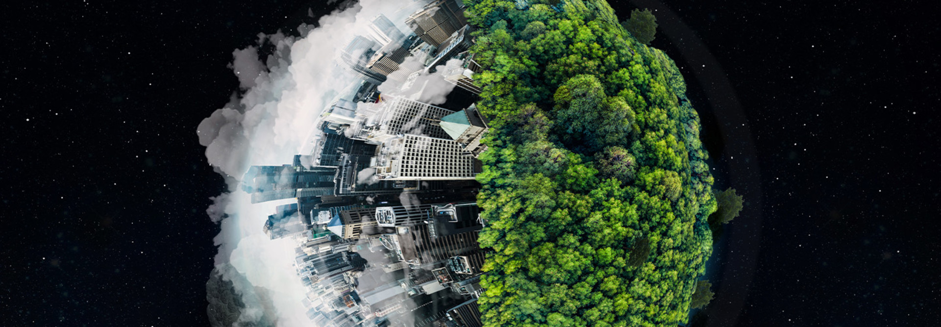 A globe covered in trees and a city