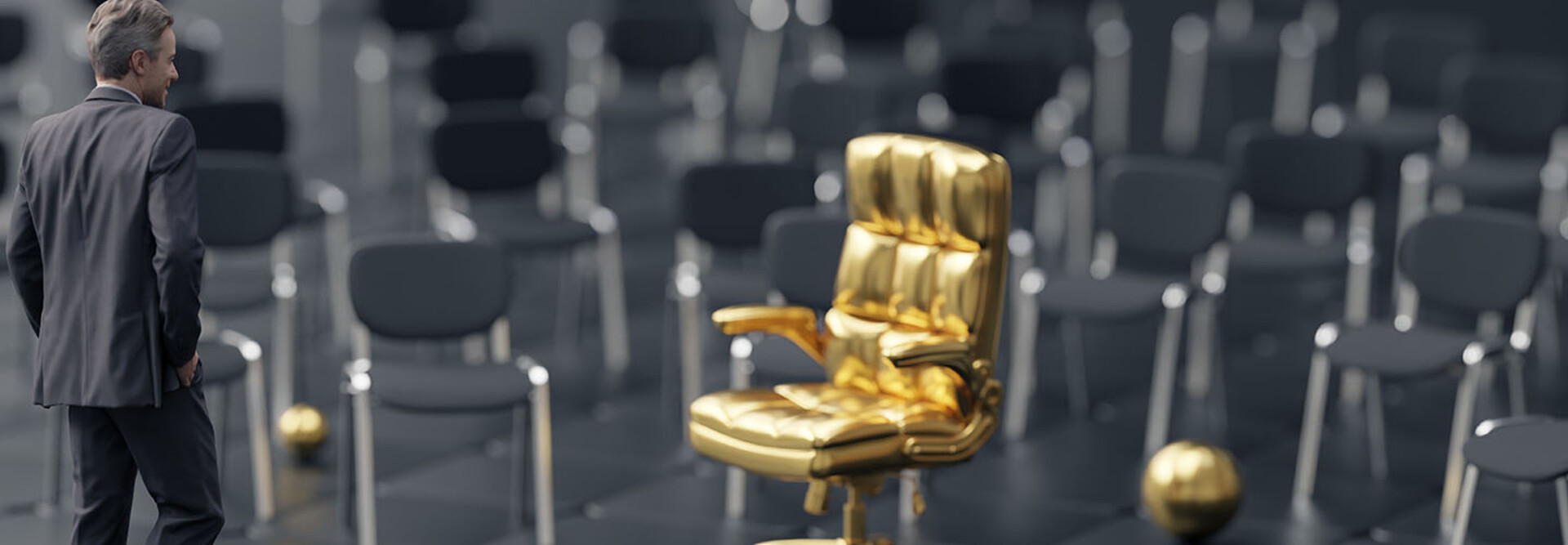 Person walking toward a gold chair