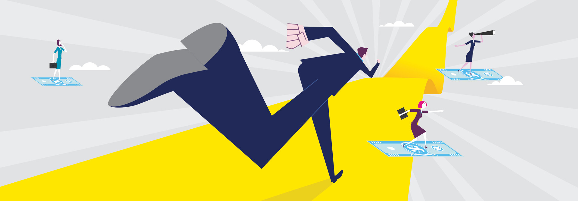 Abstract illustration animated of a man reaching down a yellow road