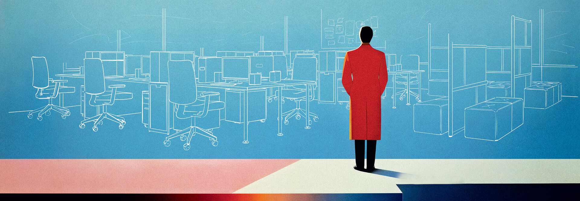 Abstract image of a man with a red coat in a cybersecurity environment