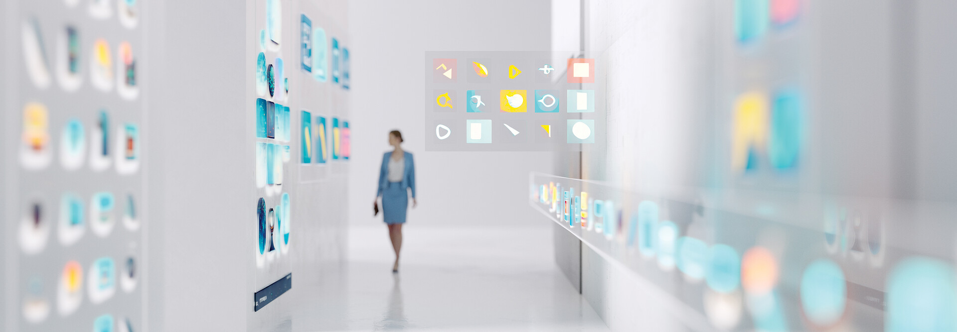 Abstract image of a woman walking in an office setting