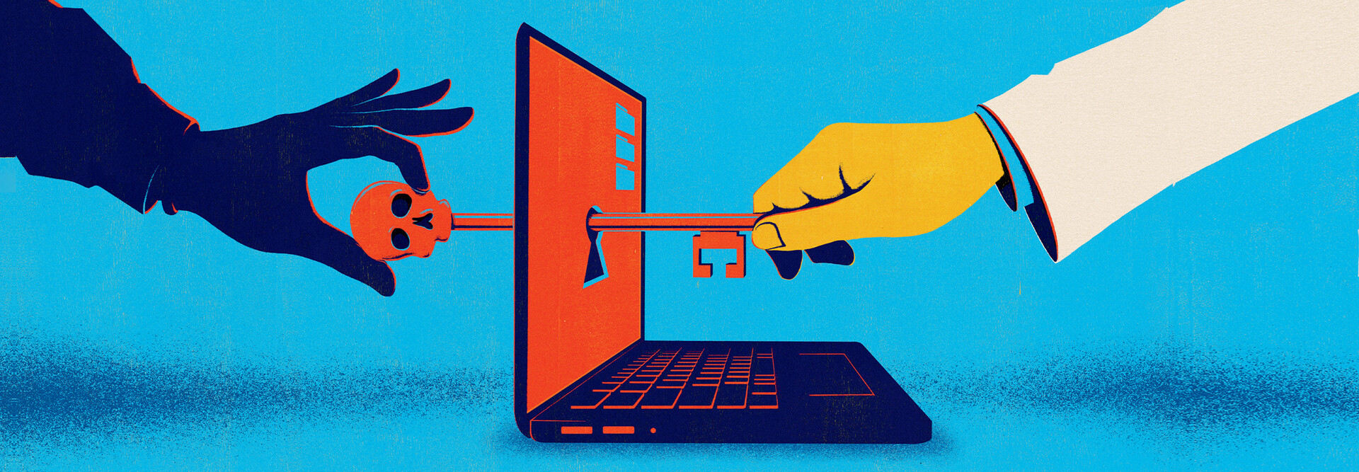Abstract image of a computer with two hands reaching for one key