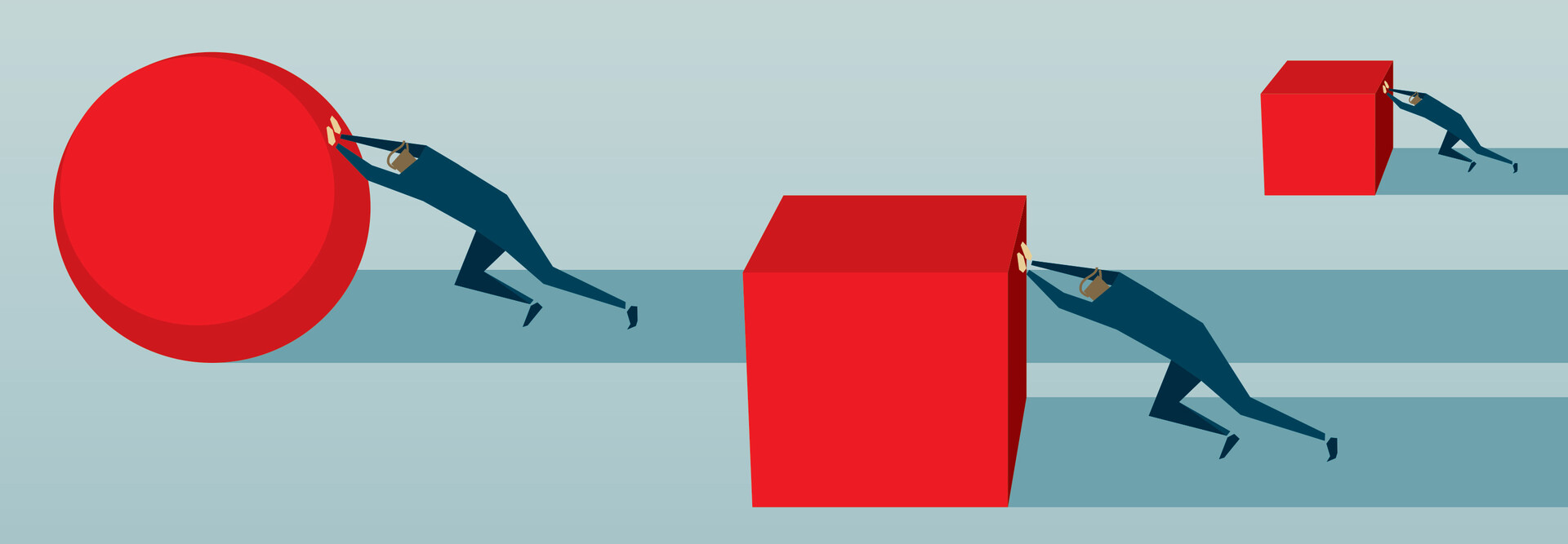 Abstract image of people pushing red squares and a circle.
