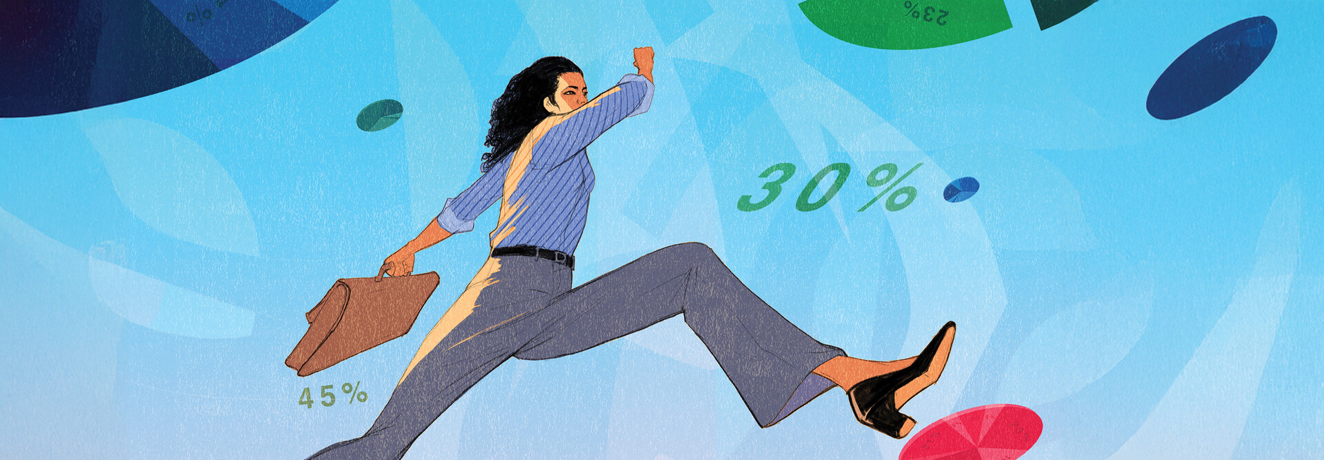 Illustration of a woman walking in an abstract sky full of data and numbers
