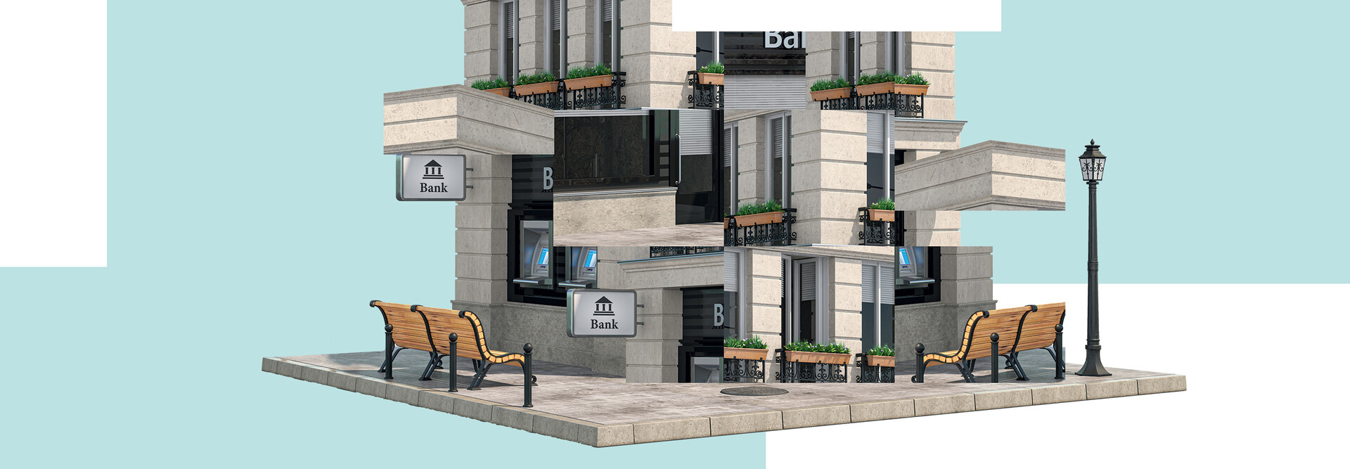 Illustrated image of a local bank branch