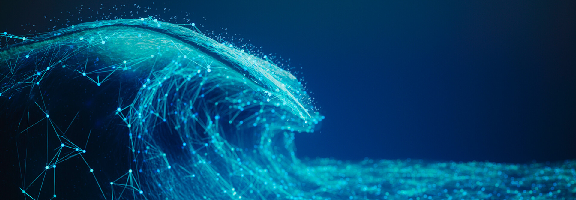 Visualization of an ocean wave created with glowing network nodes and lines on a deep blue background