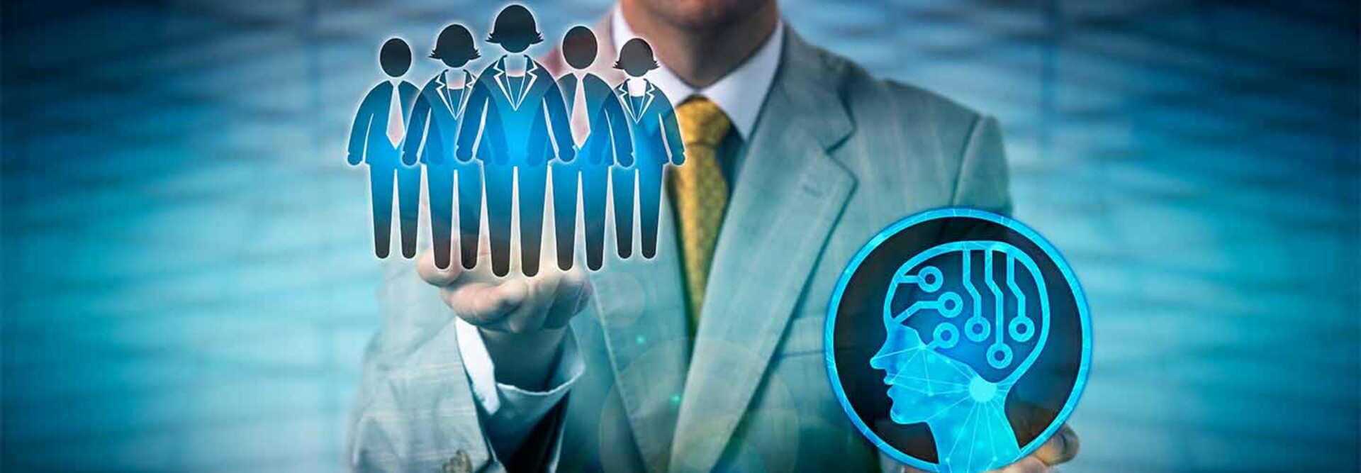 Manager lifting an illustration of people over AI