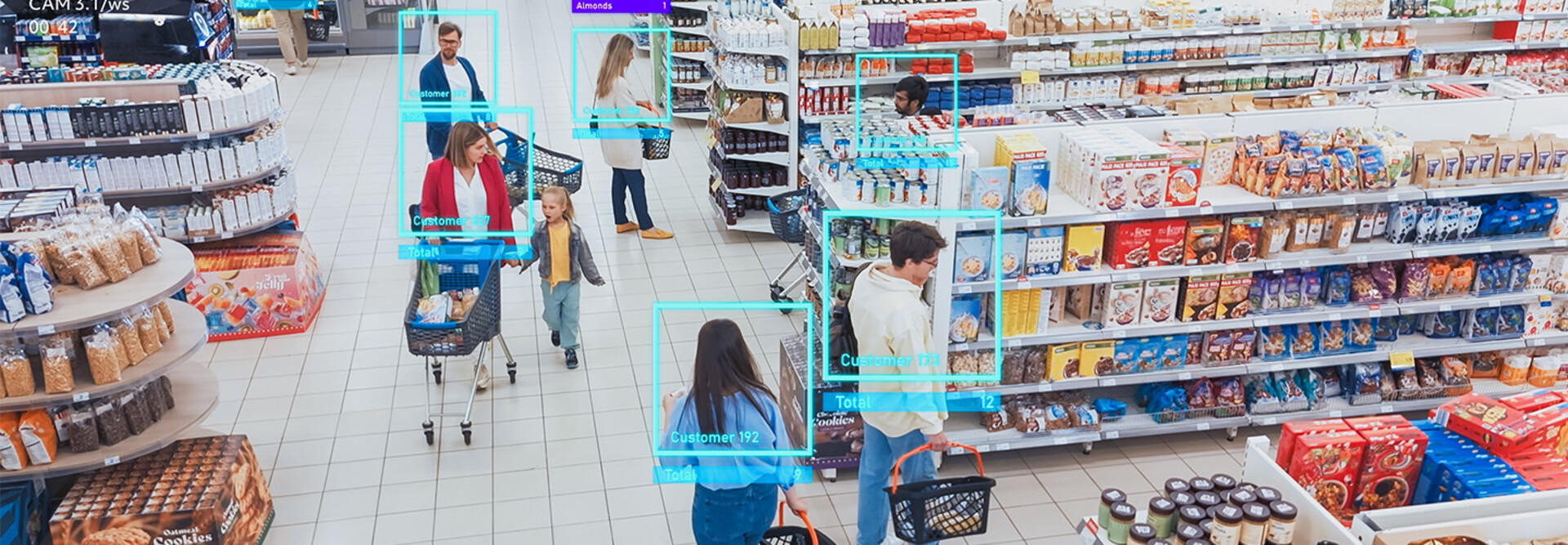 Cameras watching shoppers in a grocery store