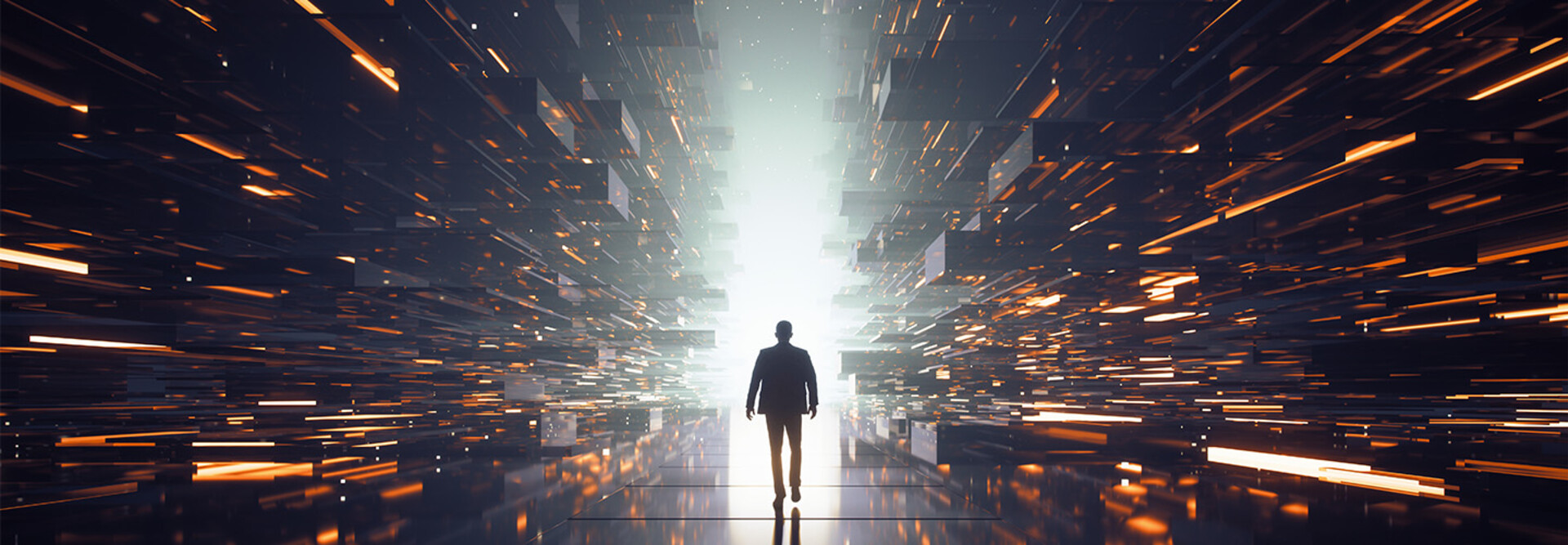 Person walking through data particles