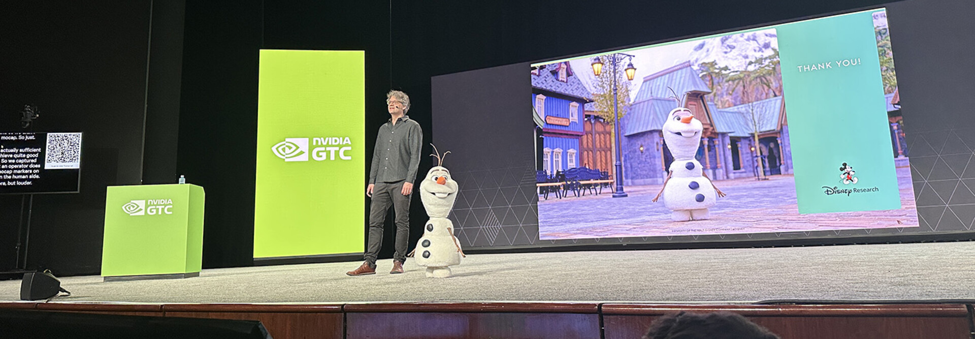 Moritz Bächer, lab director of Disney Research, with robot Olaf at NVIDIA GTC