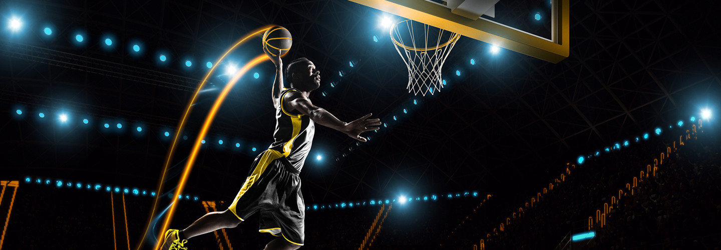 Futuristic basketball player dunking 
