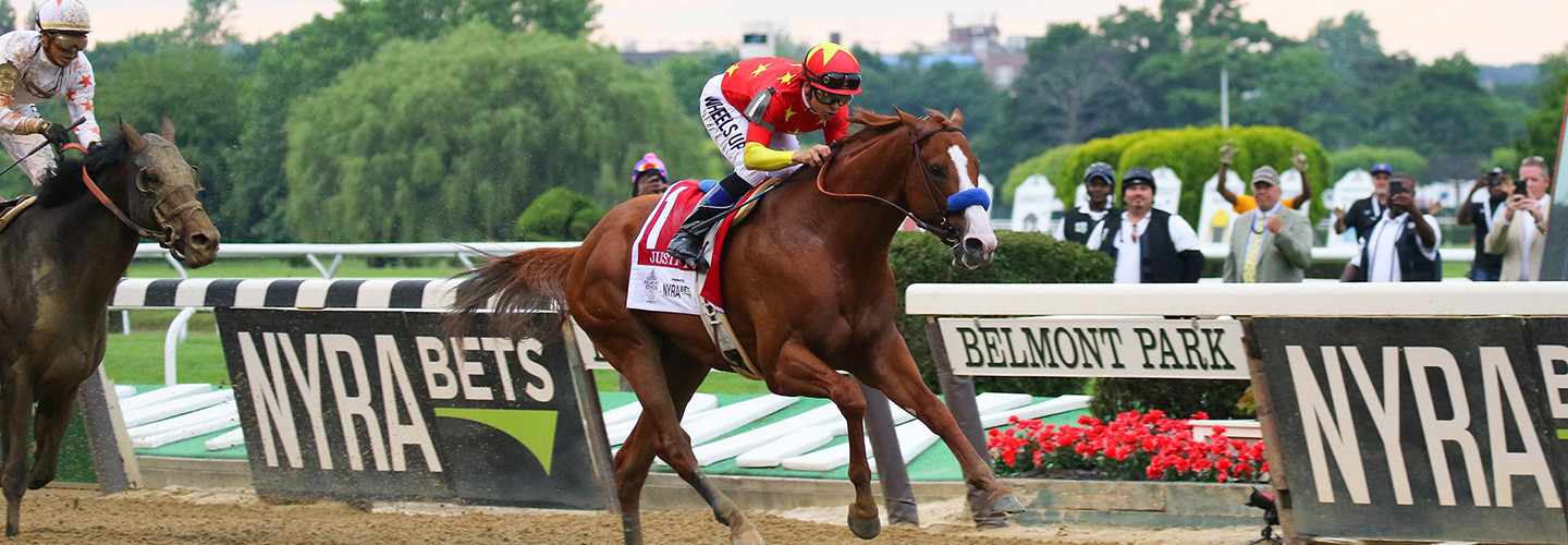 Justify winning the Triple Crown in the 2018 Belmont Stakes 