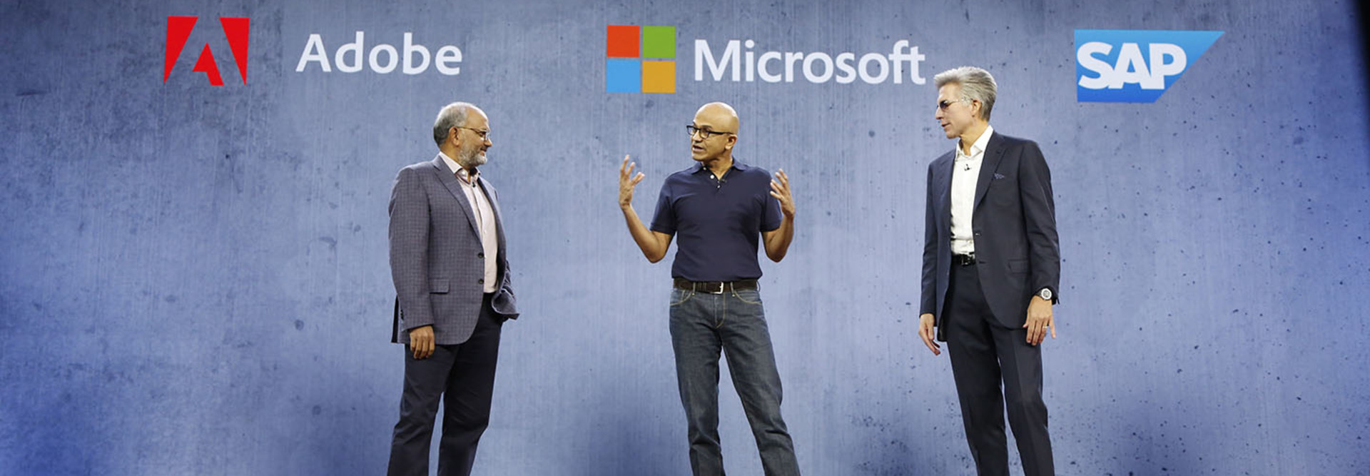 Shantanu Narayen, CEO, Adobe; Satya Nadella, CEO, Microsoft; and Bill McDermott CEO, SAP, at Microsoft Ignite 2018