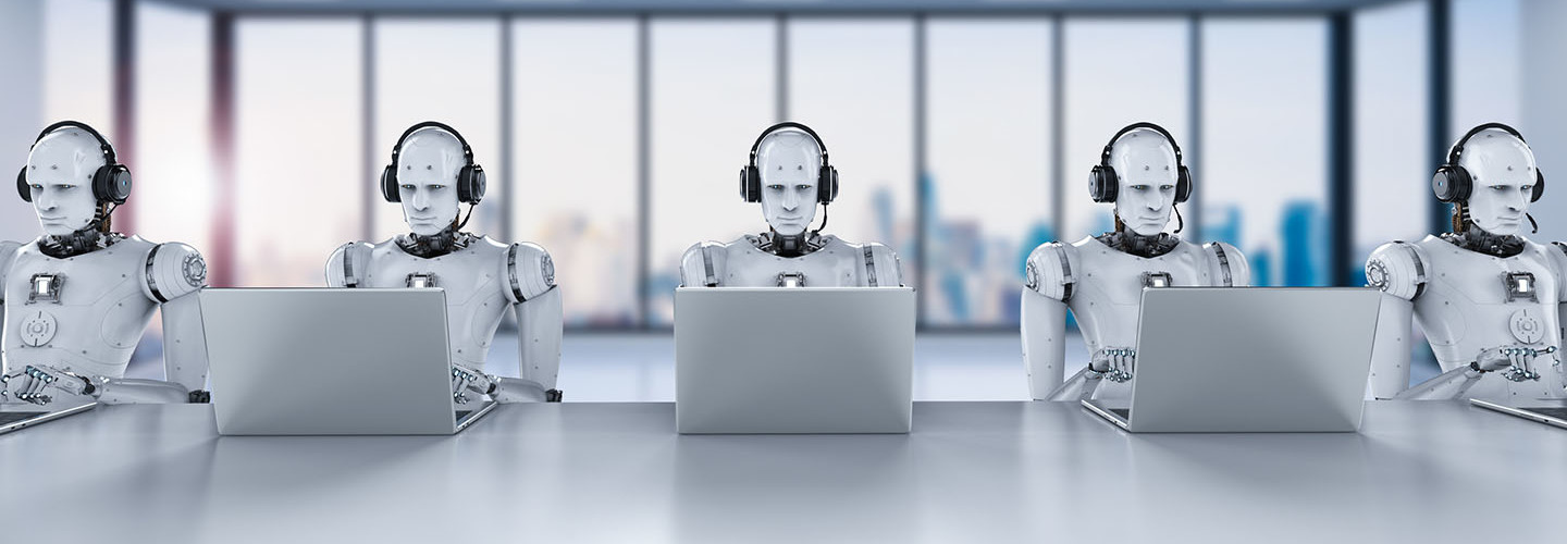 3d rendering humanoid robots working with headset and notebook