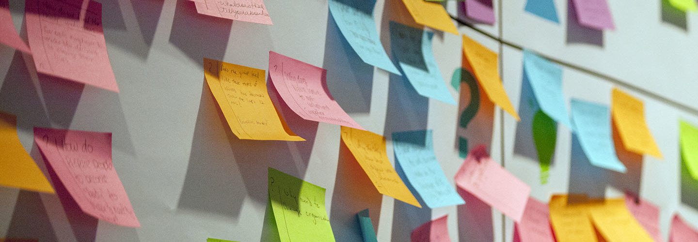 Gathering all the stakeholders on multi-colored sticky notes to generate ideas and create business plans