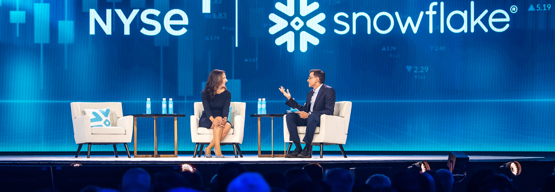 Photo of Lynn Martin President of NYSE and Sridhar Ramaswamy CEO of Snowflake 