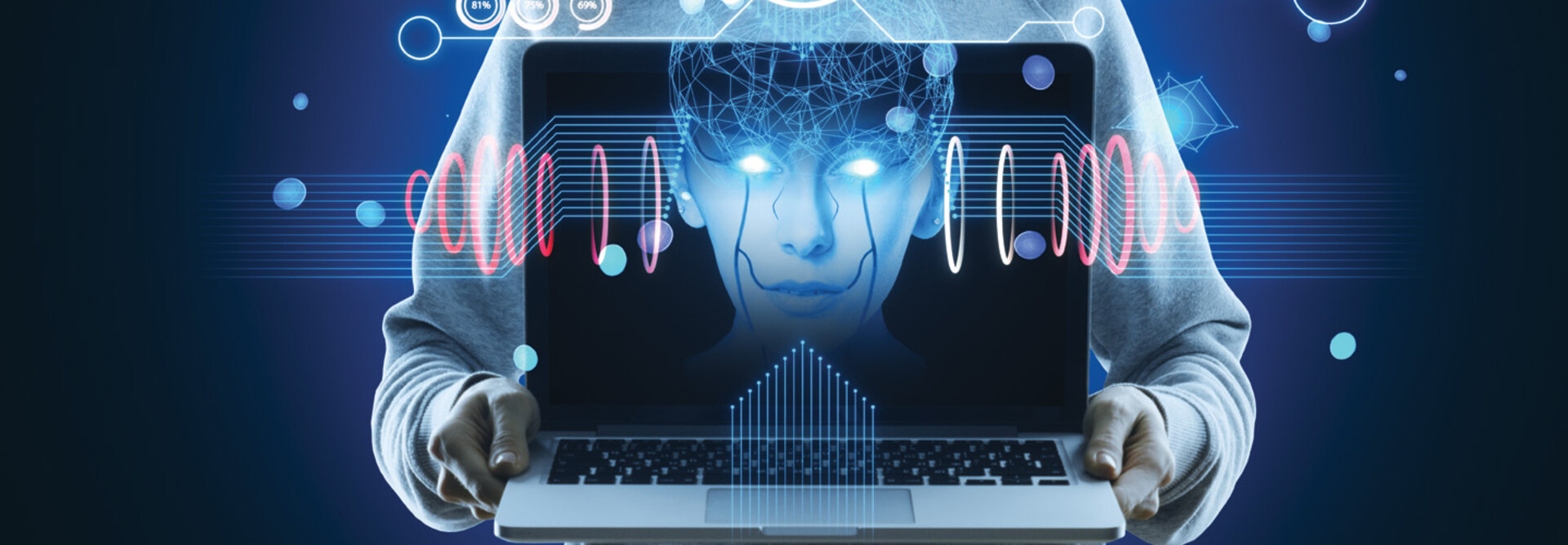Hacker holding computer with floating face representing AI cyberattacks