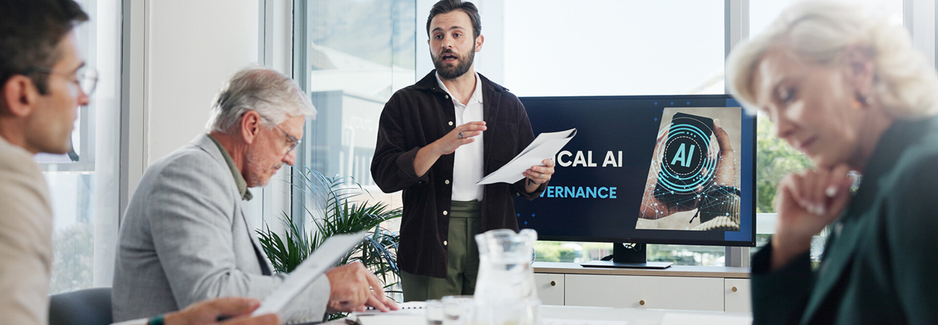 Group of people having AI governance discussion