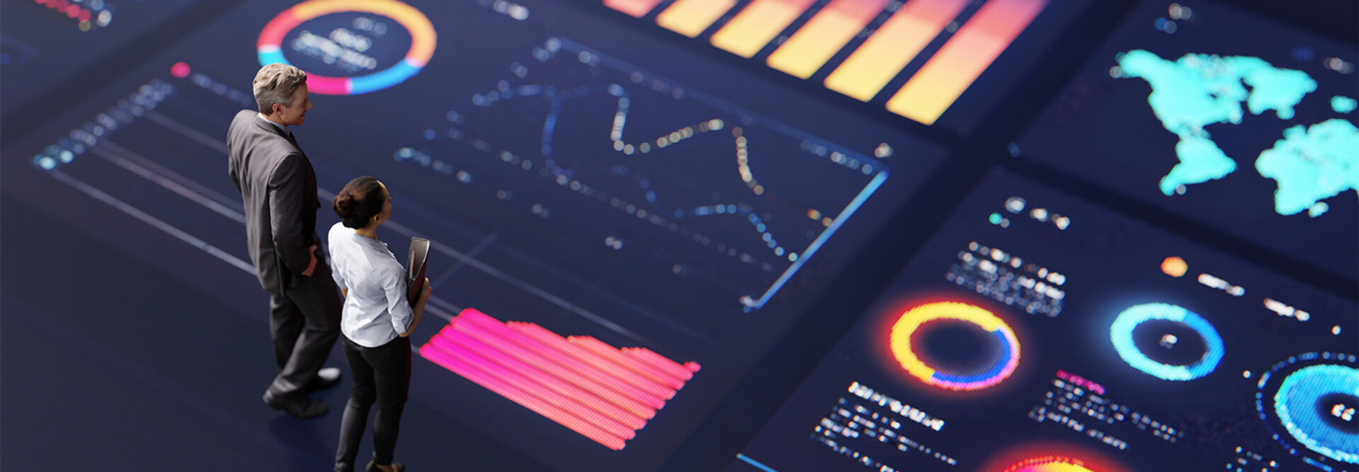 People standing on digital screen