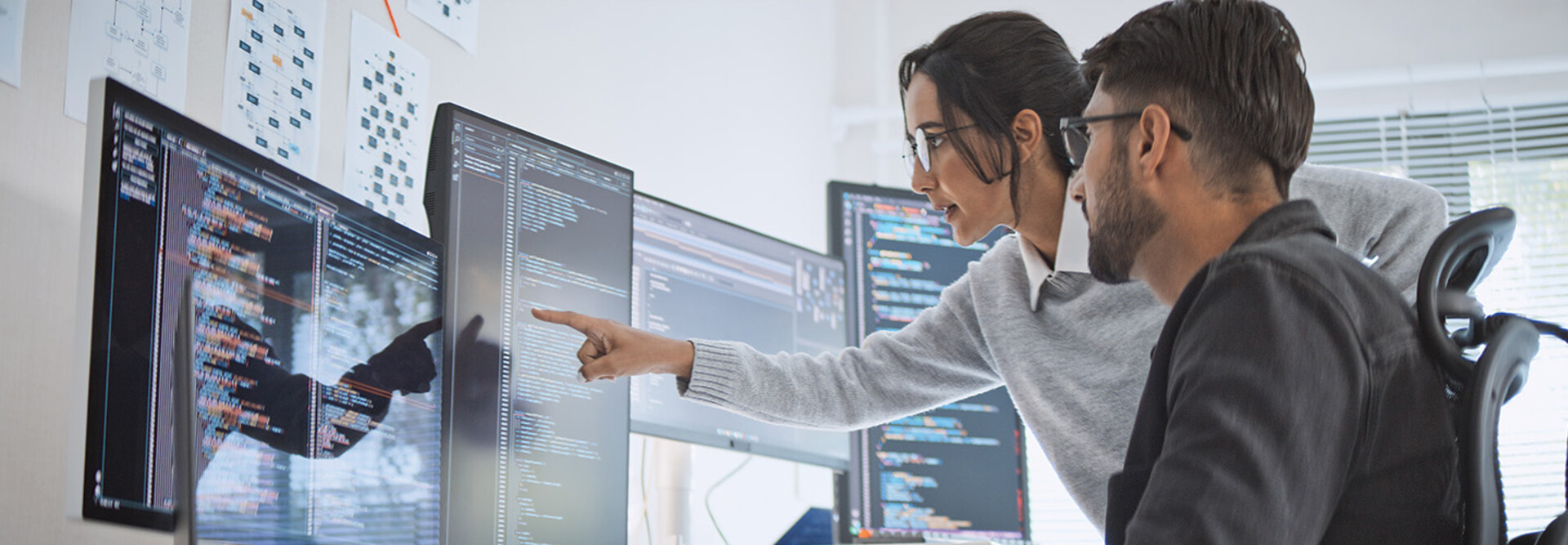 two people look at computer monitors