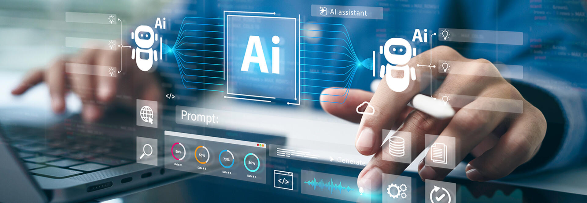 Man using a laptop and AI assistant dashboard