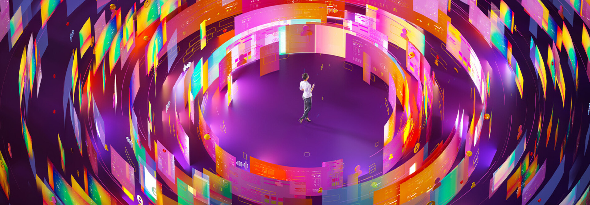 Person surrounded by screens