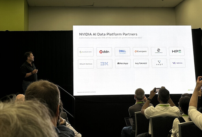 Jacob Liberman shows a slide of NVIDIA's storage partners at NVIDIA GTC 2026