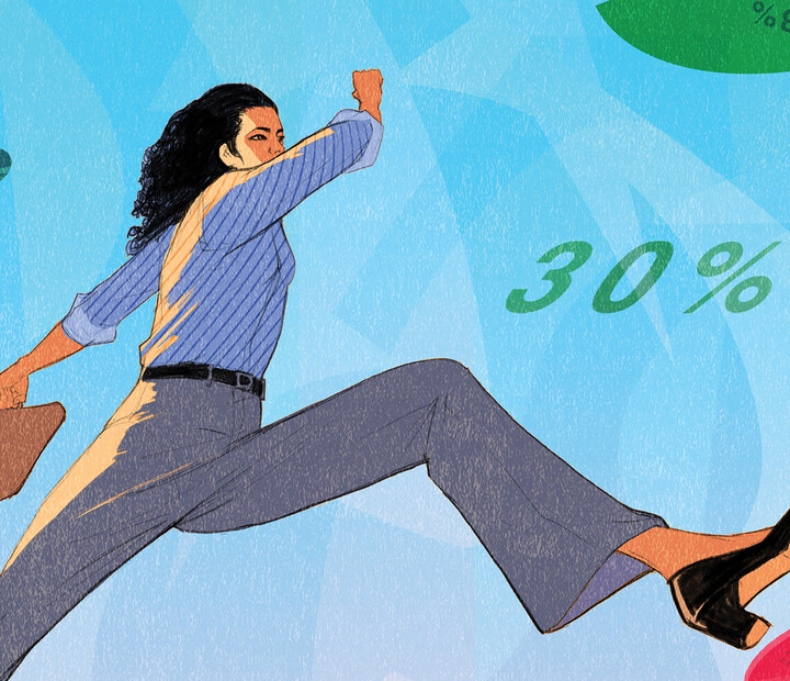 Illustration of a woman walking in an abstract sky full of data and numbers