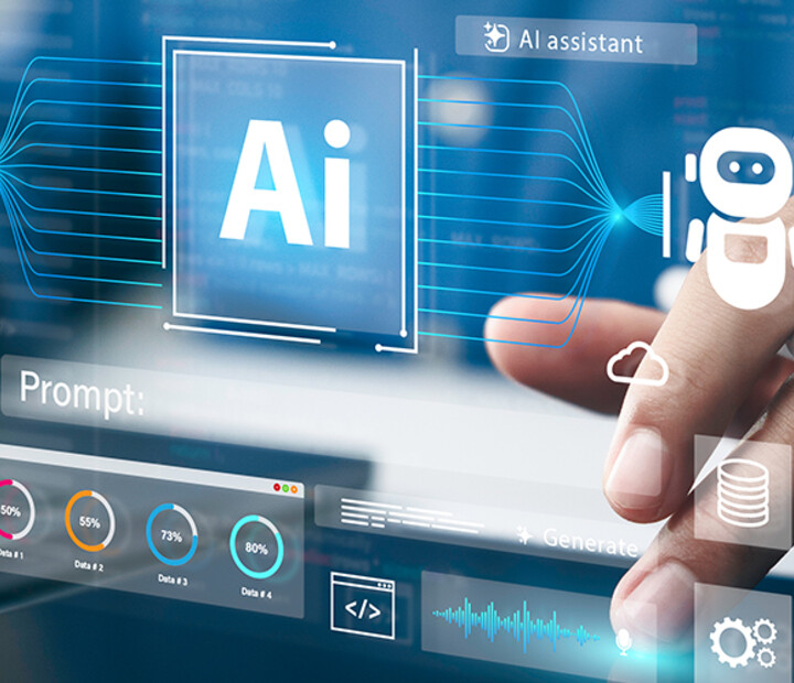 Man using a laptop and AI assistant dashboard