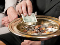 Cash app for churches, A diverse group of parishioners giving to the collection plate at church 
