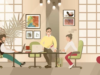 Cartoon illustration of a modern, hip coworking space