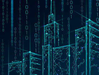 Binary code number data flow. Architecture urban cityscape technology 