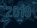 Modern futuristic template for 2019 on background with polygons connection structure and world map in pixels. Digital data visualization. Business technology concept.